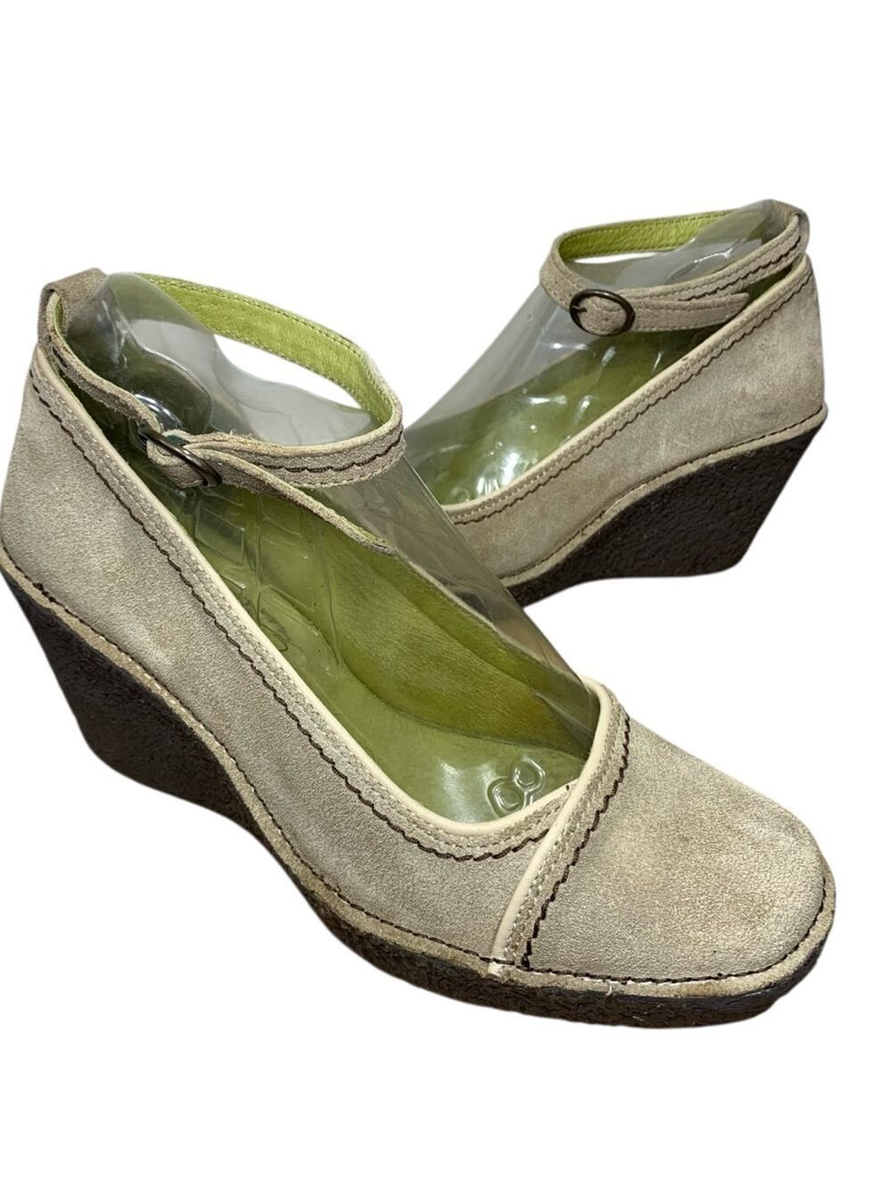 Fly London Tan Suede Wedges Shoes Sz 40 Ankle Strap Minimalist Made in Portugal